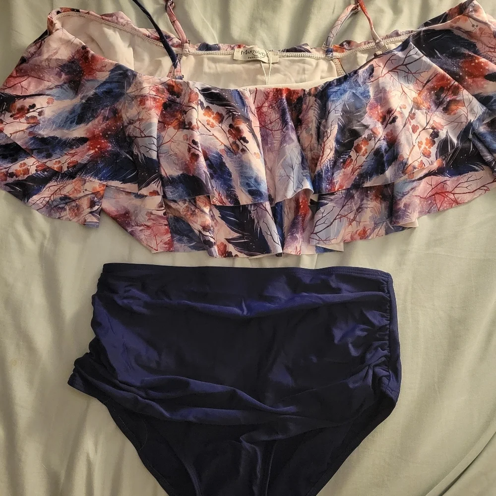 Marinavida 2pc Swimsuit Bikini High Waist Off Shoulder Sz L - Picture 2 of 5